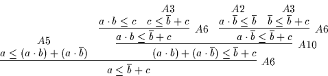 \begin{displaymath}
\infer
[A6]
{a \leq \overline{b} + c}
{\deduce
[A5]
{a ...
...educe
[A3]
{\overline{b} \leq \overline{b} + c}
{}
}
}
}
\end{displaymath}