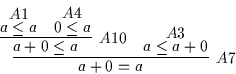 \begin{displaymath}
\infer
[A7]
{a + 0 = a}
{\infer
[A10]
{a + 0 \leq a}
{...
...4]
{0 \leq a}
{}
}
&
\deduce
[A3]
{a \leq a + 0}
{}
}
\end{displaymath}
