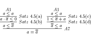 \begin{displaymath}
% latex2html id marker 5068\infer
[A7]
{a = \overline{\o...
...leq \overline{a} + a}
{\deduce
[A1]
{a \leq a}
{}
}
}
}
\end{displaymath}