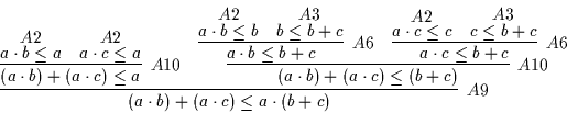 \begin{displaymath}
\infer
[A9]
{( a \cdot b ) + ( a \cdot c ) \leq a \cdot ( ...
...t c \leq c}
{}
&
\deduce
[A3]
{c \leq b + c}
{}
}
}
}
\end{displaymath}