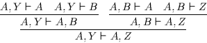\begin{displaymath}
\infer
{ A, Y \vdash A, Z }
{ \infer
{ A, Y \vdash A, B }
...
...r
{ A, B \vdash A, Z }
{ A, B \vdash A
&
A, B \vdash Z }
}
\end{displaymath}